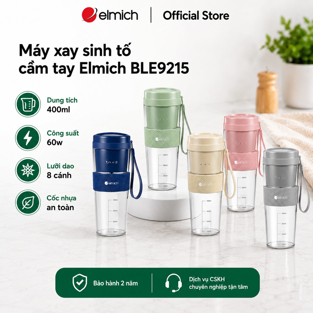 (Chỉ 15-17.07)Máy xay sinh tố cầm tay 400ml Elmich BLE9215