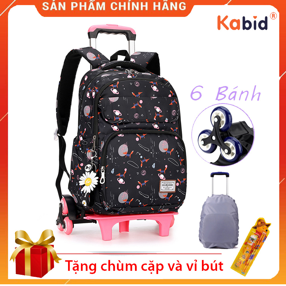 Balo kéo 6 bánh xe cho  học sinh cấp 1,2 LUCKYDAY -  Balo tháo rời cần kéo linh hoạt + Tặng áo trùm 45L + Set dụng cụ học tập