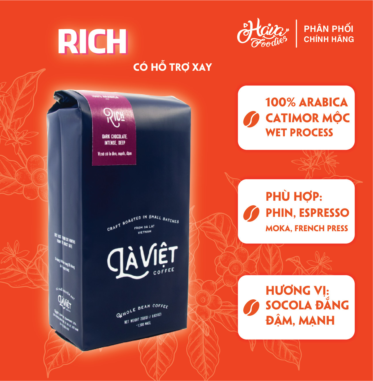 Cà phê nguyên hạt LÀ VIỆT - RICH Vị Sô cô la đen, mạnh, đậm 250g
