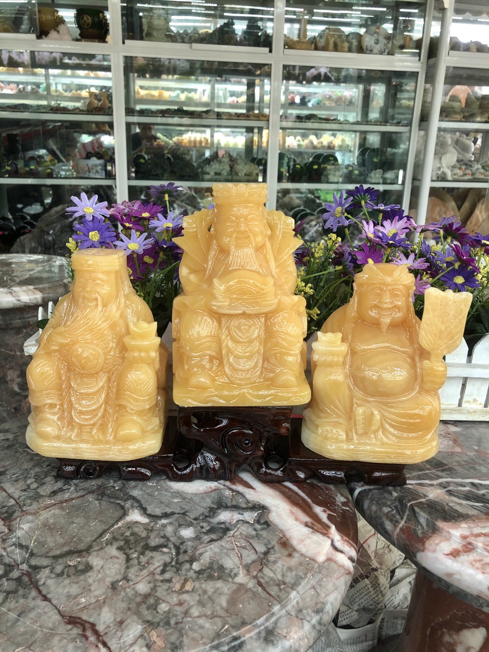 Bộ combo ông Thần Tài Thổ Địa và ông Kim Tiền Thần Phát phong thủy chiêu nạp tài lộc đá ngọc hoàng long - Cao 15 cm