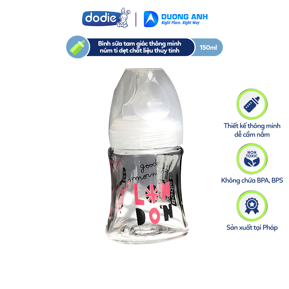 Bình sữa thủy tinh tam giác thông minh núm ti dẹt Dodie 150ml