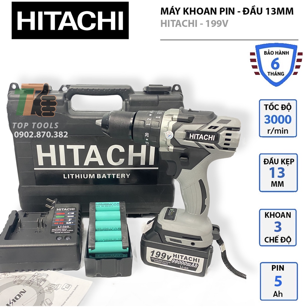 Máy khoan pin không chổi than, Máy khoan pin Hitachi, Đầu khoan 13mm, Pin 10cell 199v