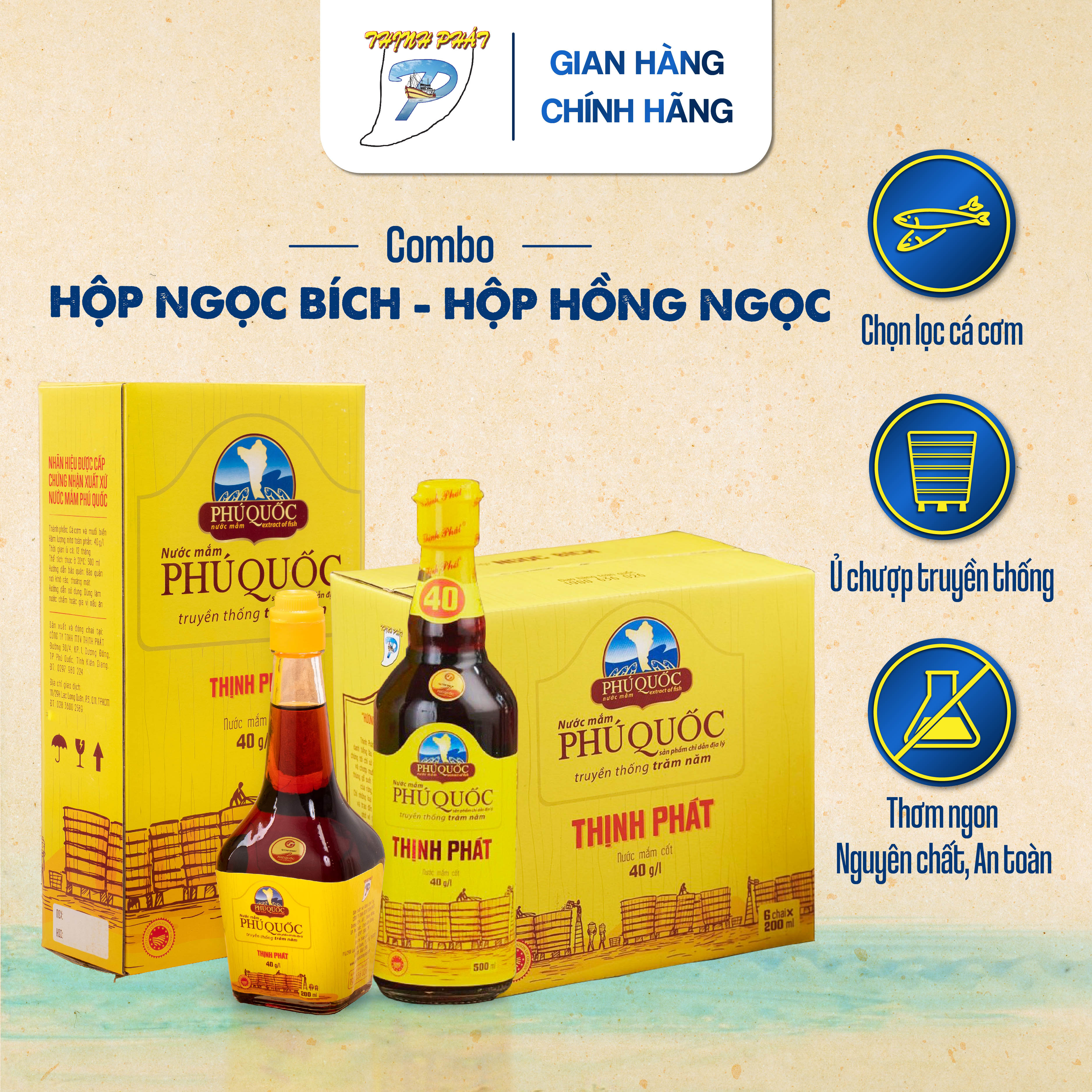 Combo hộp 6chai 200ml Ngọc Bích 40 độ và hộp 2chai 500ml Hồng Ngọc 40 độ nước mắm truyền thống Phú Quốc Thịnh Phát- chai thuỷ tinh