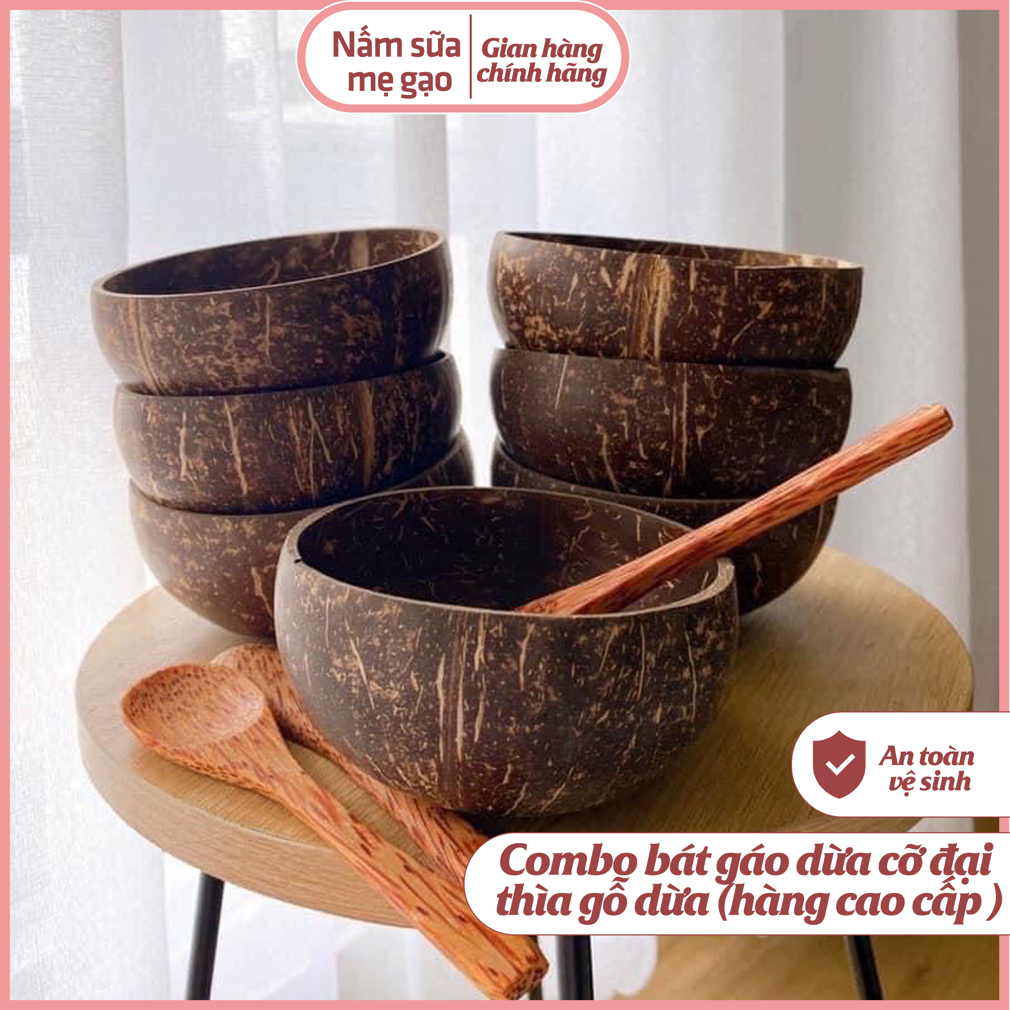 Bát gáo dừa, thìa gỗ Nấm Sữa Mẹ Gạo - combo bát gáo dừa cỡ đại ,thìa gỗ dừa