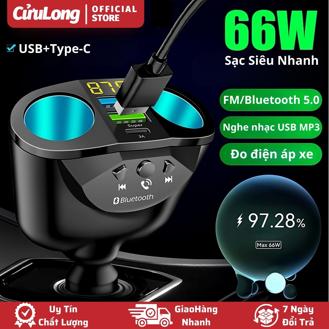  Bộ Chia Tẩu Sạc Ô Tô Bluetooth 5.0 FM sạc siêu nhanh 66W USB nghe nhạc MP3 bộ chia tẩu sạt xe hơi xe tải hiển thị điện áp đa năng 