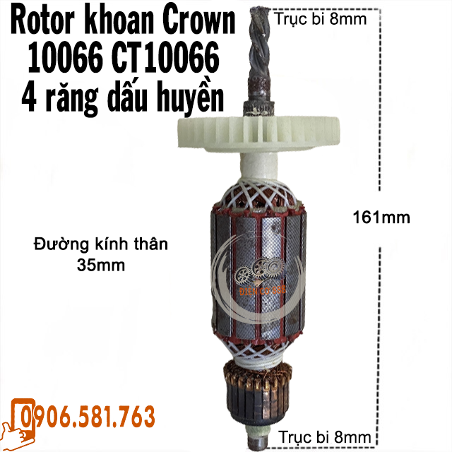 Rotor khoan Crown 10066 (CT10066) dây đồng 220V (4 Răng huyền Thân 35mm Dài 161mm) - Tặng chổi than