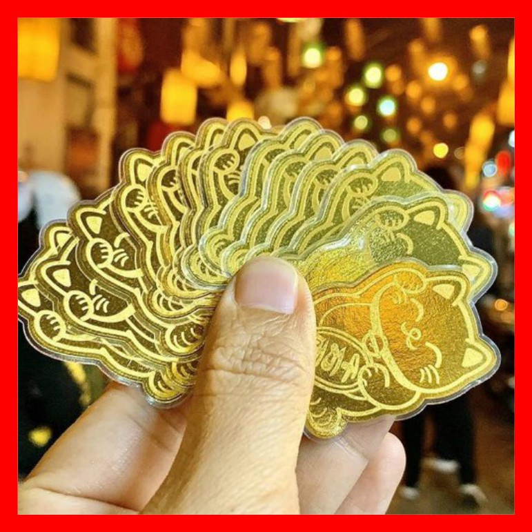 Mèo Thần Tài Mạ Vàng Chiêu Tài Chiêu Lộc, Dán Lưng Điện Thoại, Để Trong Ví, May Mắn Bình An