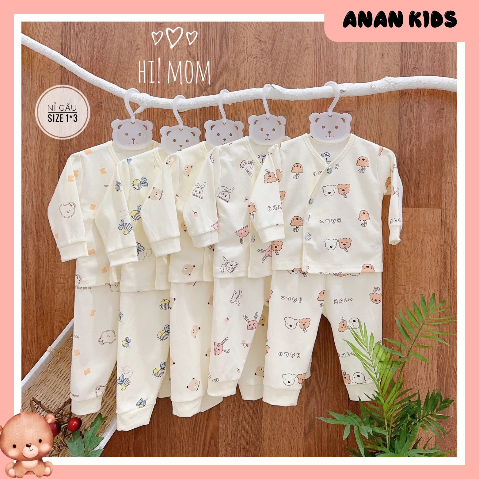 Bộ NỈ Dài Tay Hi!Mom Khuy Chéo Hoạ Tiết Xinh Xắn, Mềm Mại Cho Bé Sơ Sinh
