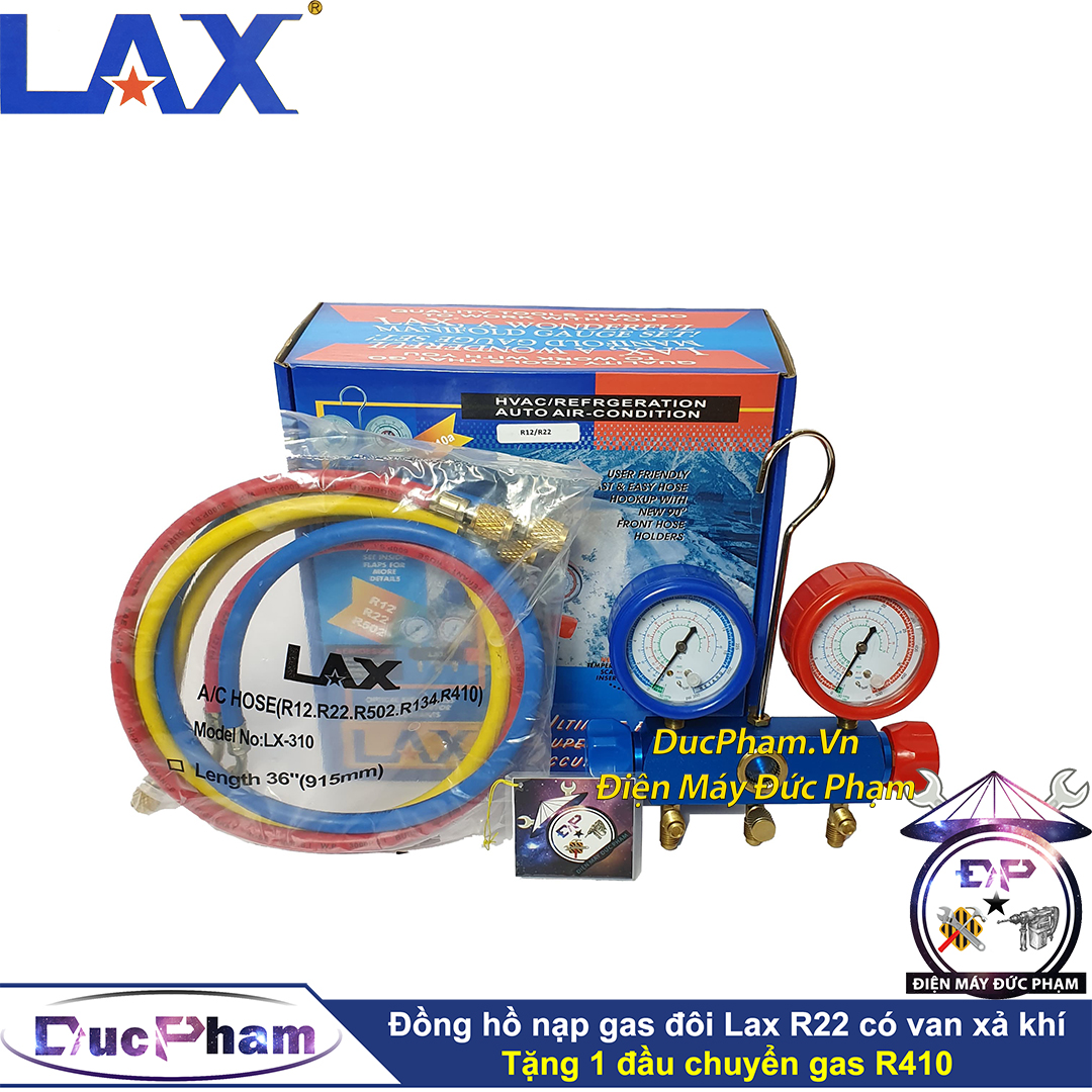 Đồng Hồ nạp gas đôi Lax R22 R410 có van xả khí gas
