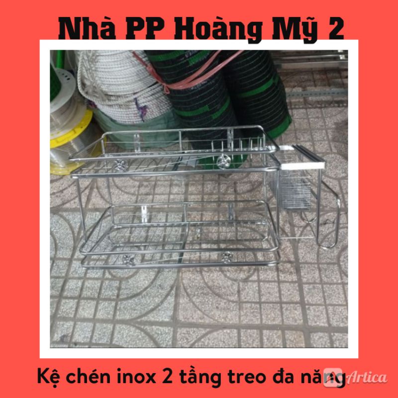 Kệ úp chén bát inox treo 2 tầng đa năng - Treo ống đa năng
