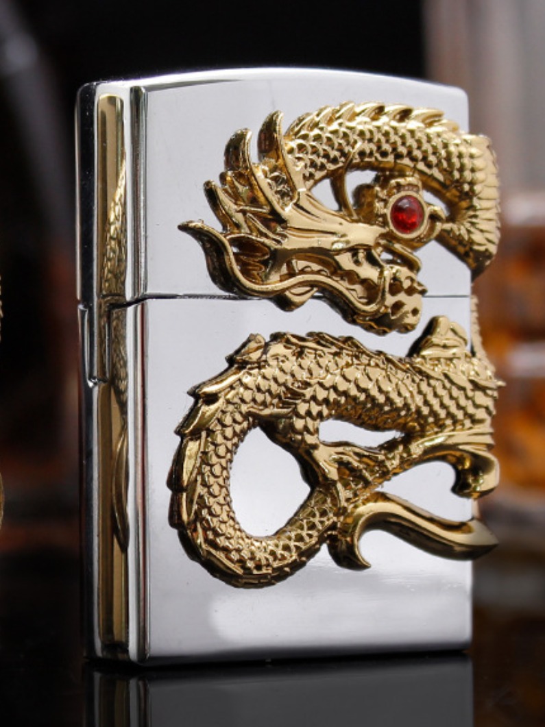 Hộp Quẹt Bật Lửa Rồng Vàng Ngậm Ngọc Cao Cấp - Hàng Có Sẵn (Đen Vàng)