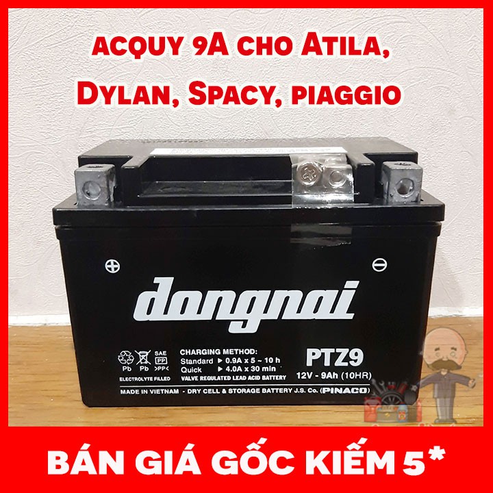 Bình acquy 9Ah PTX9L-PTZ9 Pinaco cho xe máy Excel, Vespa, Shark, Zip, Fly- PT36