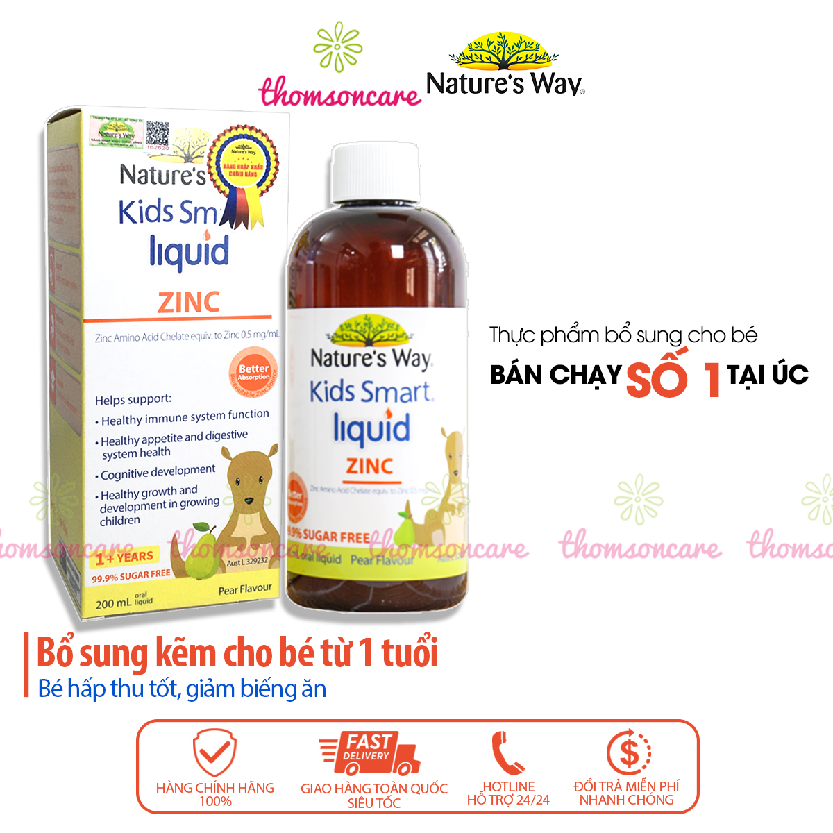 Siro bổ sung kẽm cho bé  Nature Way Kids Smart Zinc chai 200ml, nhập khẩu từ Úc  chai 200ml trẻ giảm biếng ăn, tiêu hóa tốt