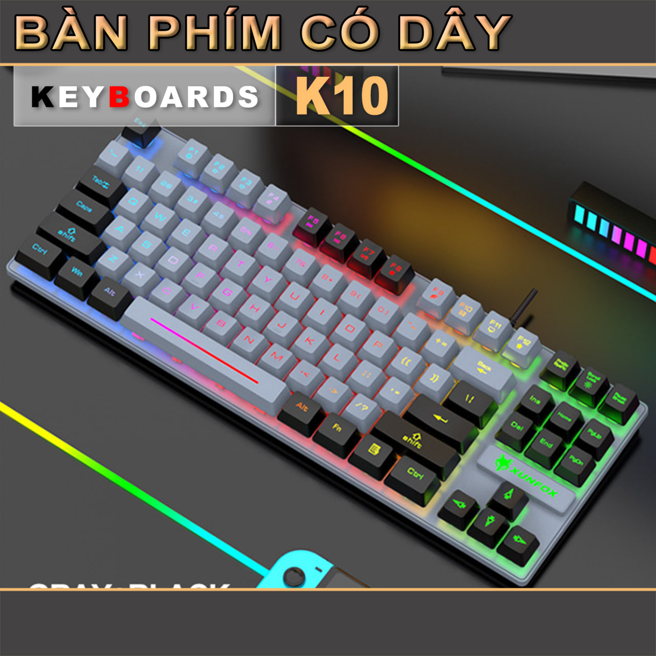 Bàn Phím Giả Cơ Gaming K10 - LED Rainbow, Keycap Rời - Điều Khiển Đa Phương Tiện
