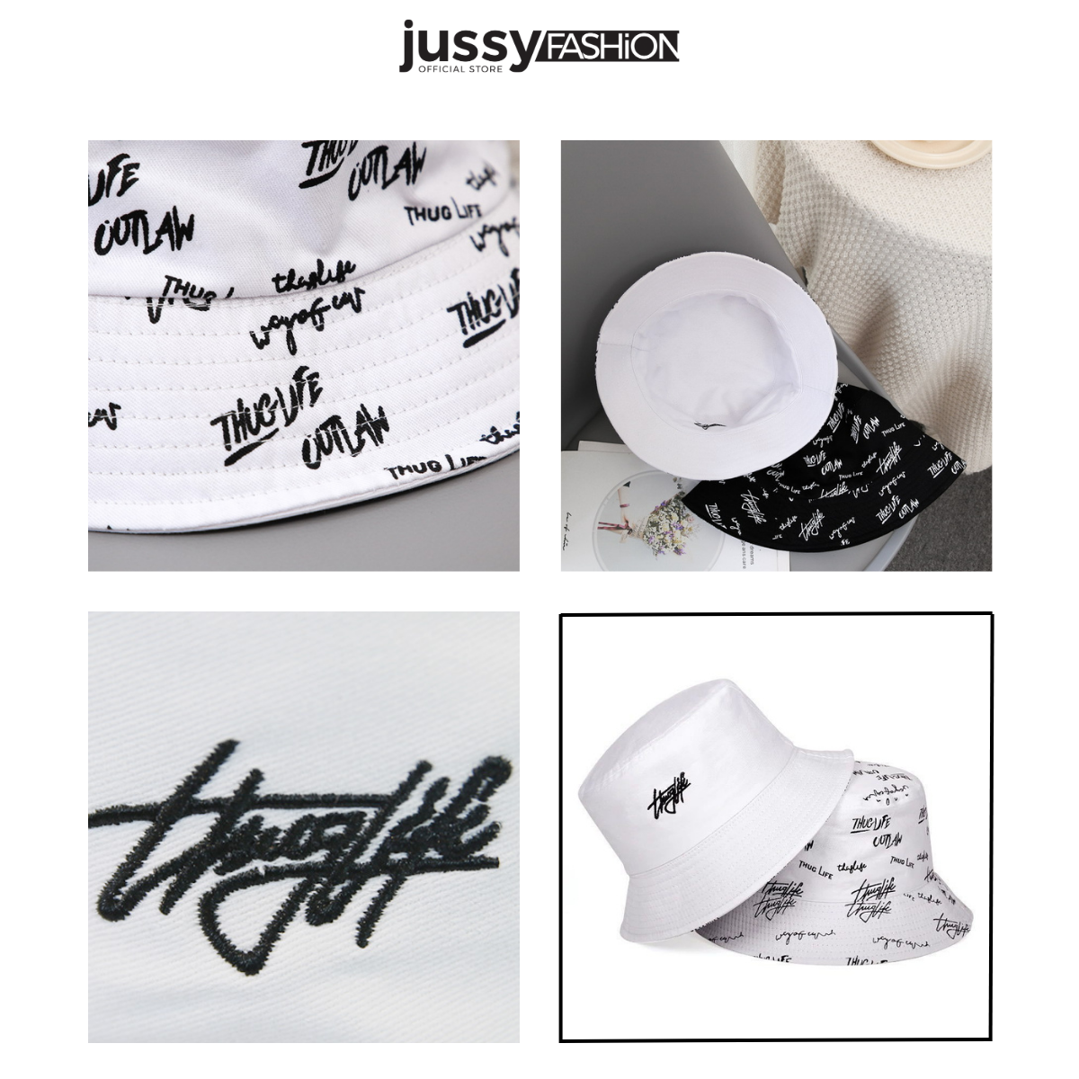 Nón bucket thuglife 2 mặt jussy fashion nón tai bèo 2 mặt phong cách hàn quốc form unisex