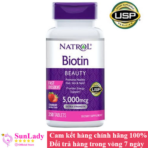 Viên Ngậm Hỗ Trợ Mọc Tóc Natrol Biotin 5000mcg Extra Strength Fast Dissolve 250 Viên vị dâu của Mỹ