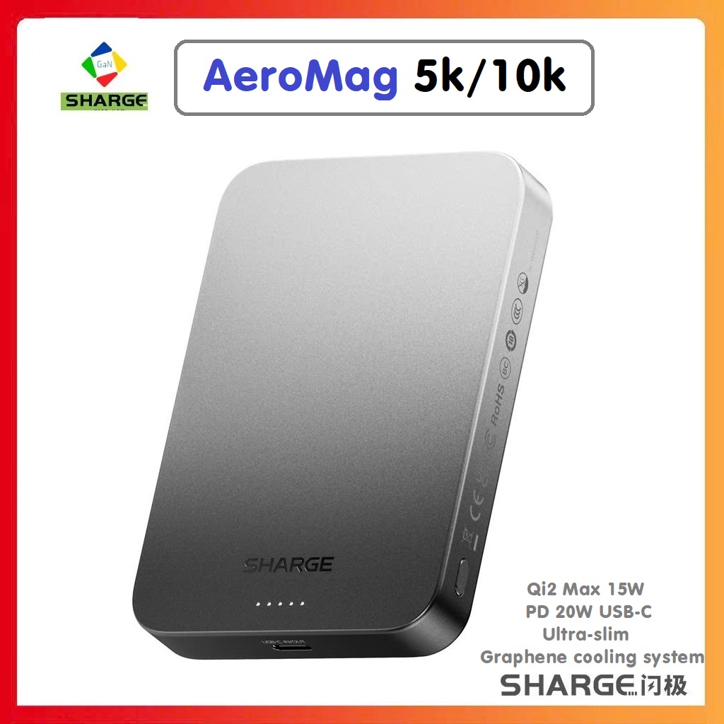 Pin sạc Sharge AeroMag 5K 10K Qi2 15W USB-C PD 20W Max