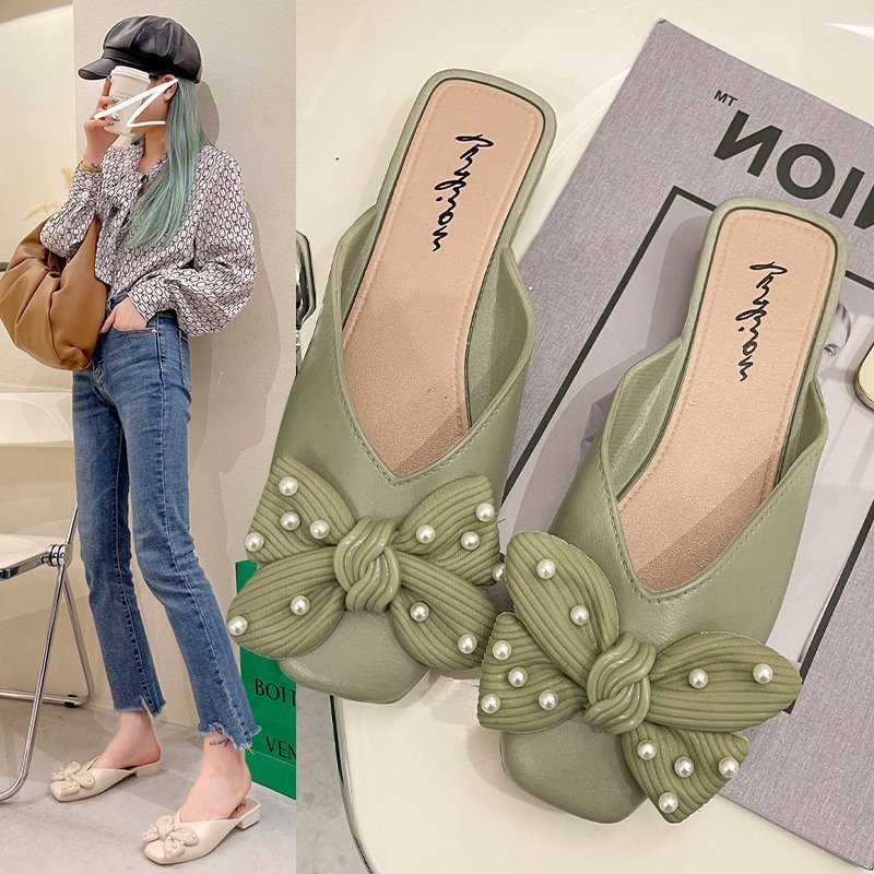 Dép sục nữ mũi tròn gắn nơ đính đá D161