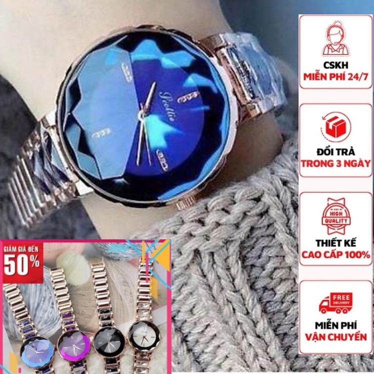 Đồng hồ nữ đeo tay Scottie mặt tròn 33mm kim cương chống nước 3atm dây thép đẹp thời trang cao cấp chính hãng