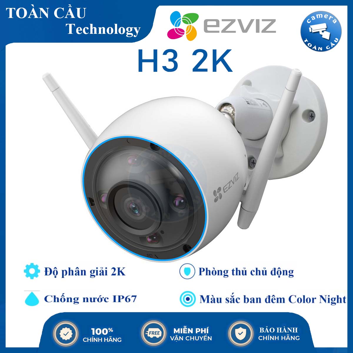 Camera wifi ezviz h3 2k 3mp - phòng thủ chủ động, chống nước ip67, màu sắc ban đêm - camera toàn cầu
