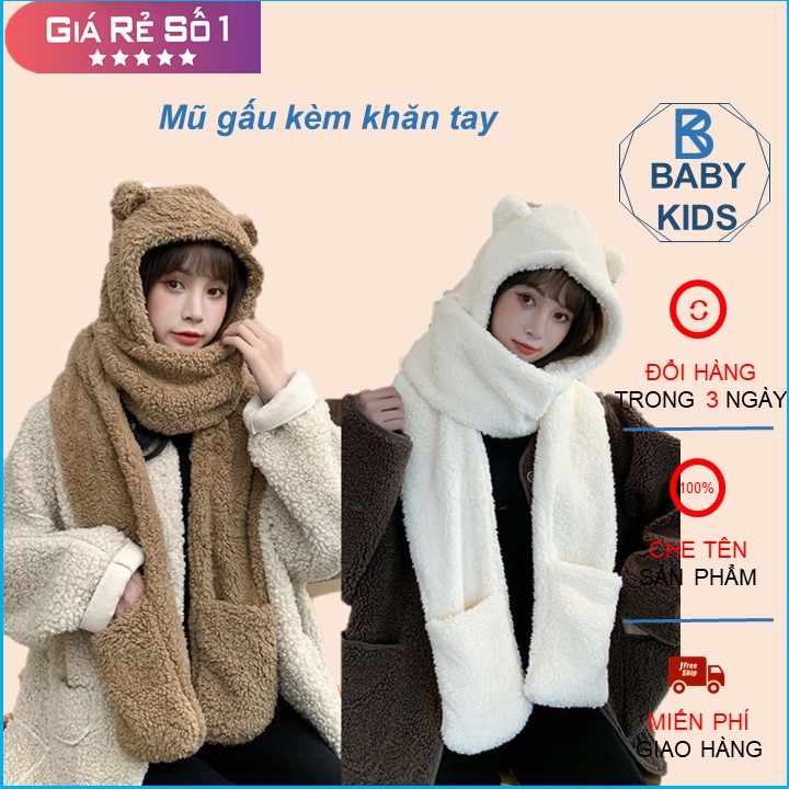 Mũ lông cừu tai gấu kèm khăn quàng cổ có xỏ tay, mũ tai gấu kèm găng tay, mũ lông cừu 3in1