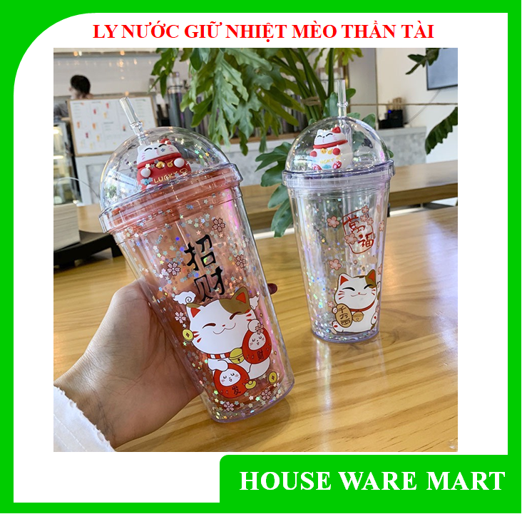 [ Ly ĐẸP ] Ly nước giữ nhiệt Mèo Thần Tài  - ly khủng long cao cấp in hình 3D siêu kute - tặng kèm ống hút