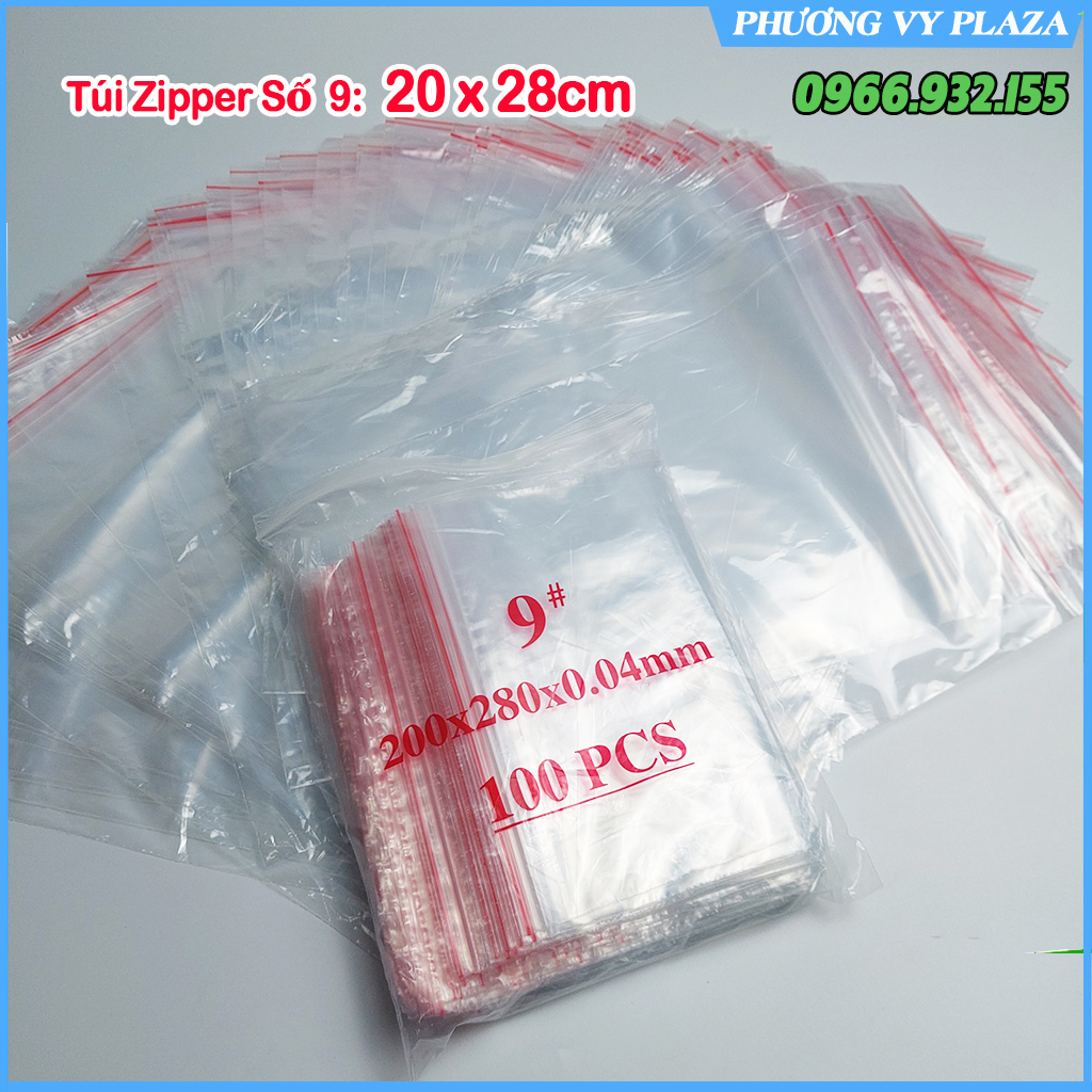 100 Túi Zip Trong Chỉ Đỏ Zipper Bấm Miệng - size 20 x 28 cm