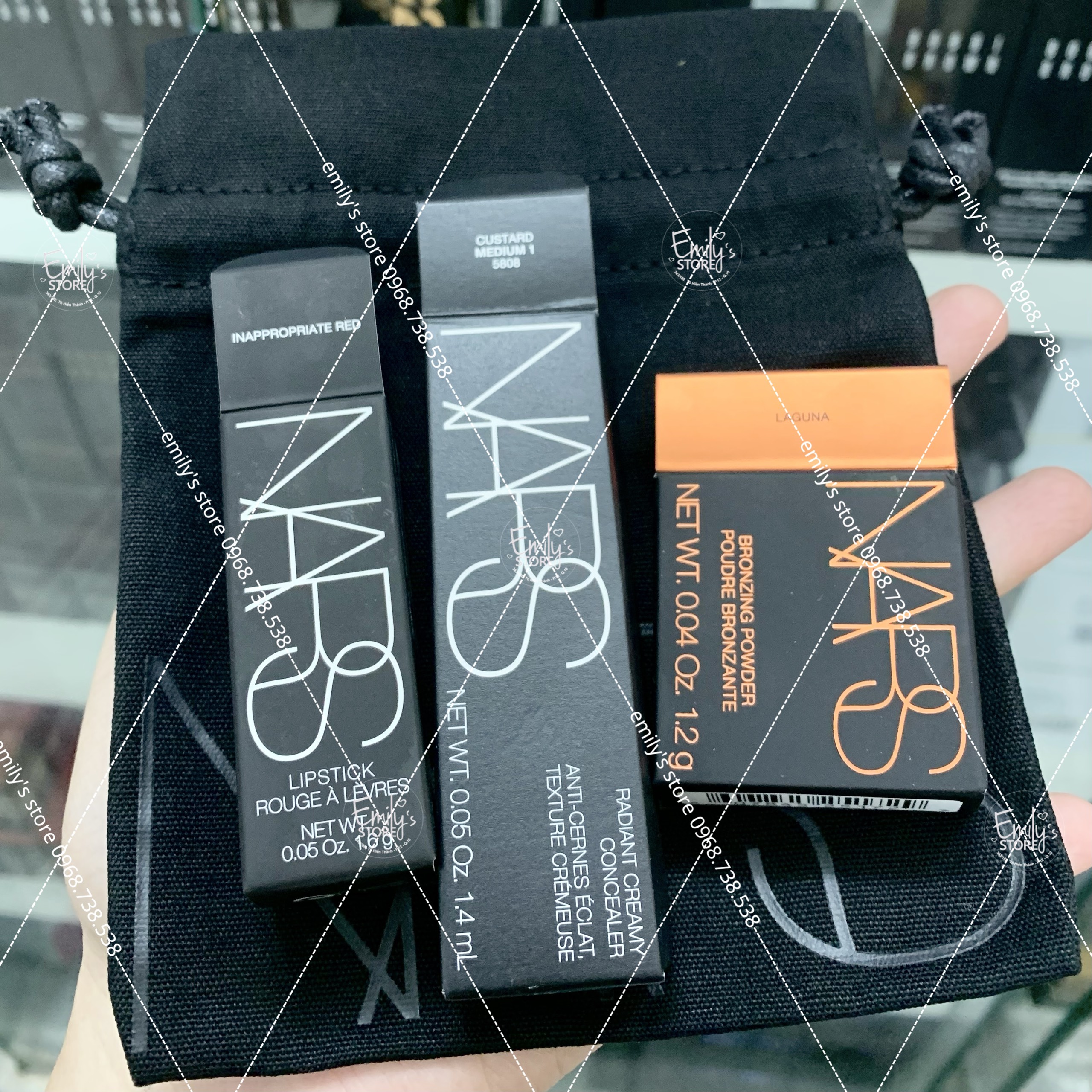 Set Nars Mini 4 món gồm son, kem che khuyết điểm, phấn khối và túi đựng