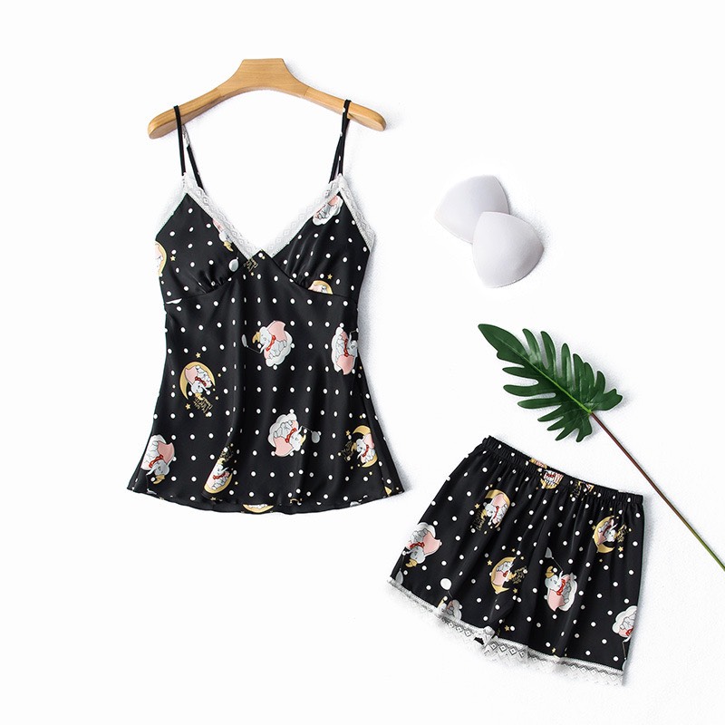 Đồ ngủ nữ lụa satin hai dây quần đùi hisexy mặc nhà ms36