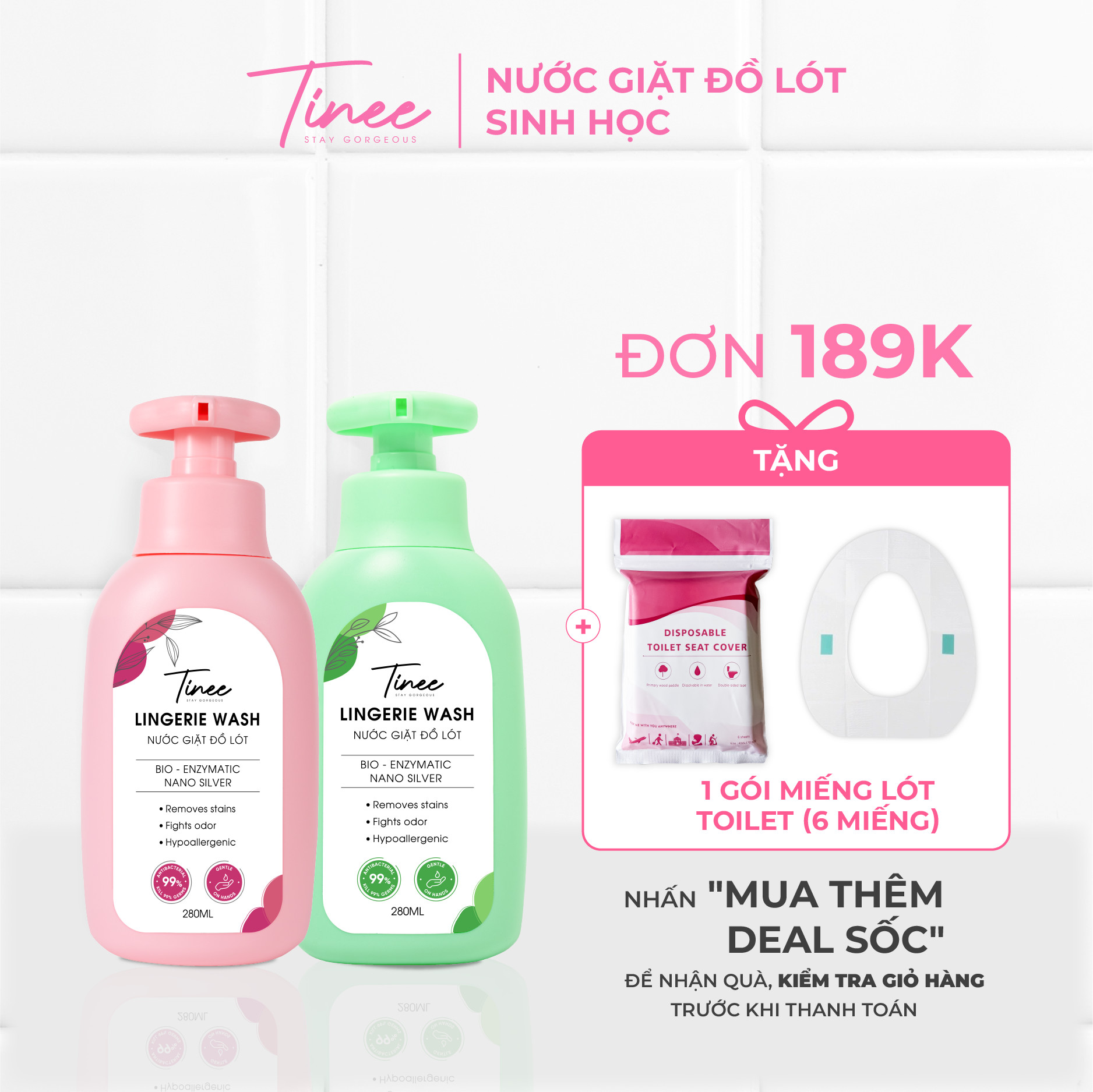 Combo 1 Nước giặt đồ lót Sinh học Tinee hồng và 1 nước giặt xanh Nano Bạc diệt khuẩn nấm 280ml/chai