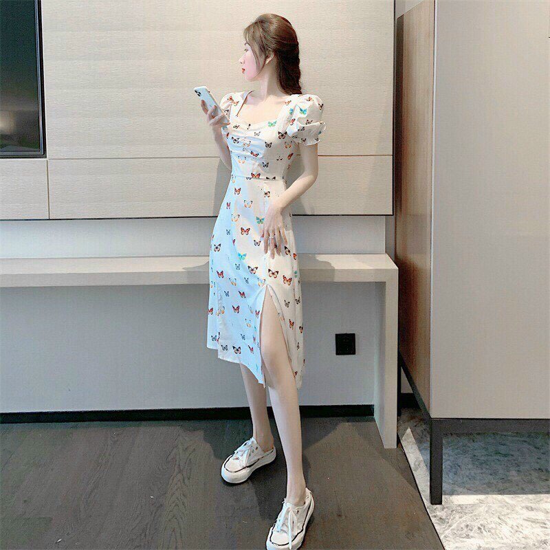 Đầm Váy Nữ Chất Lụa Quảng Châu Xẻ Tà Họa Tiết Com Bướm Nhún Ngực Tay Phồng ( Có Mút Ngực ) Thiết Kế Sang Chảnh Đi Làm Công Sở, Đi Chơi Du Lịch Cực Xinh Đẹp Beta Fashion, Free Size (40-55) Ký Mặc Vừa Nha