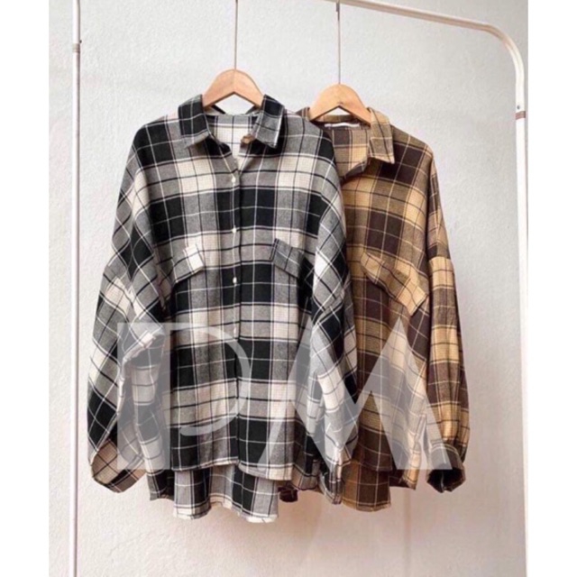 Áo Sơ Mi Nữ Kẻ Caro Form Rộng Phối Nắp Túi, Áo sơ mi kẻ karo to nắp túi chéo hot 2021