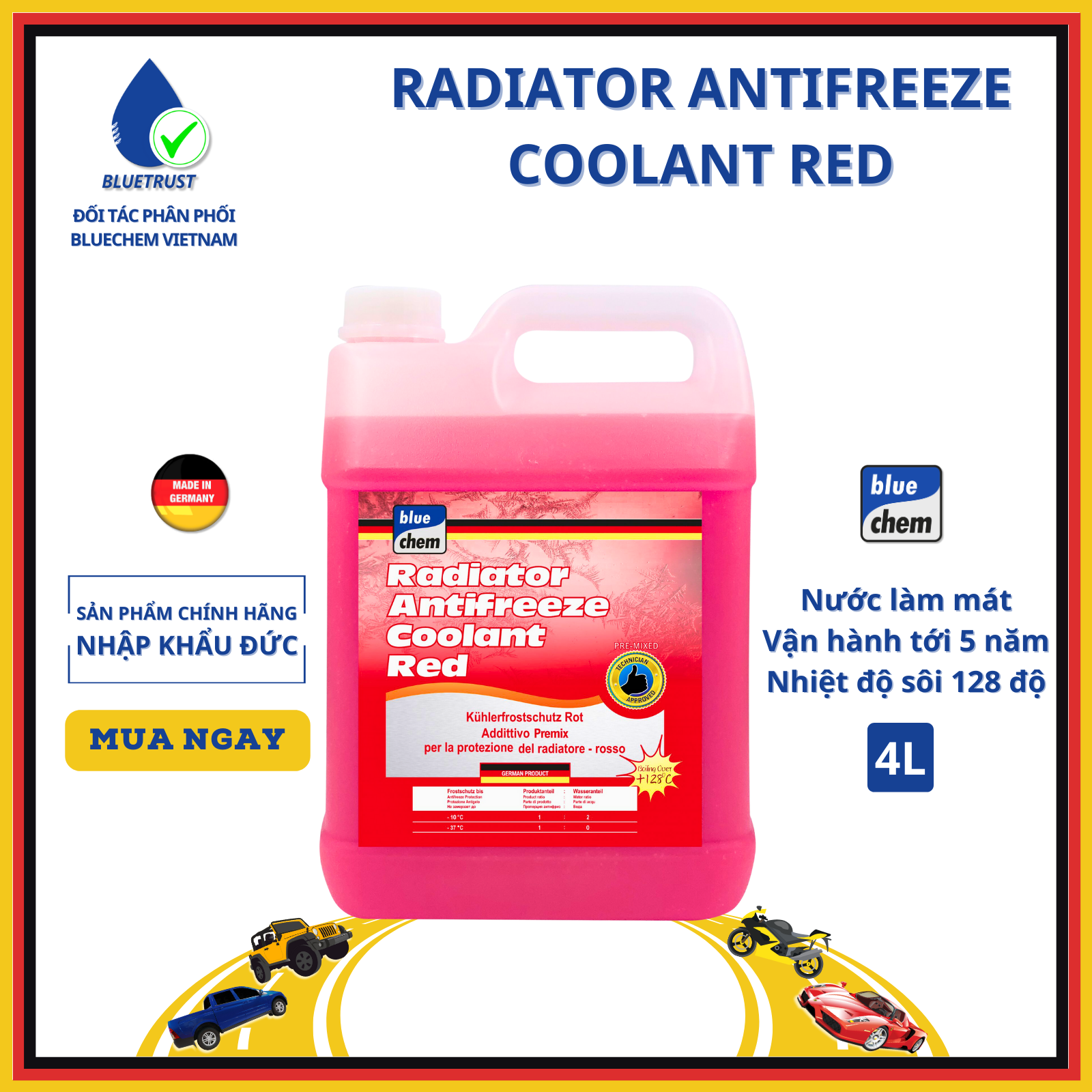 Nước làm mát màu hồng chống đông -37°c bluechem - radiator antifreeze coolant red - 4 lít