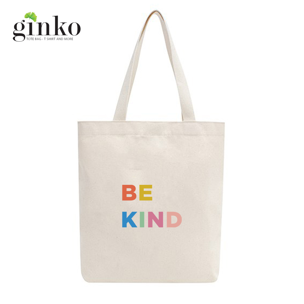Túi tote vải mộc GINKO dây kéo in hình Be Kind M02