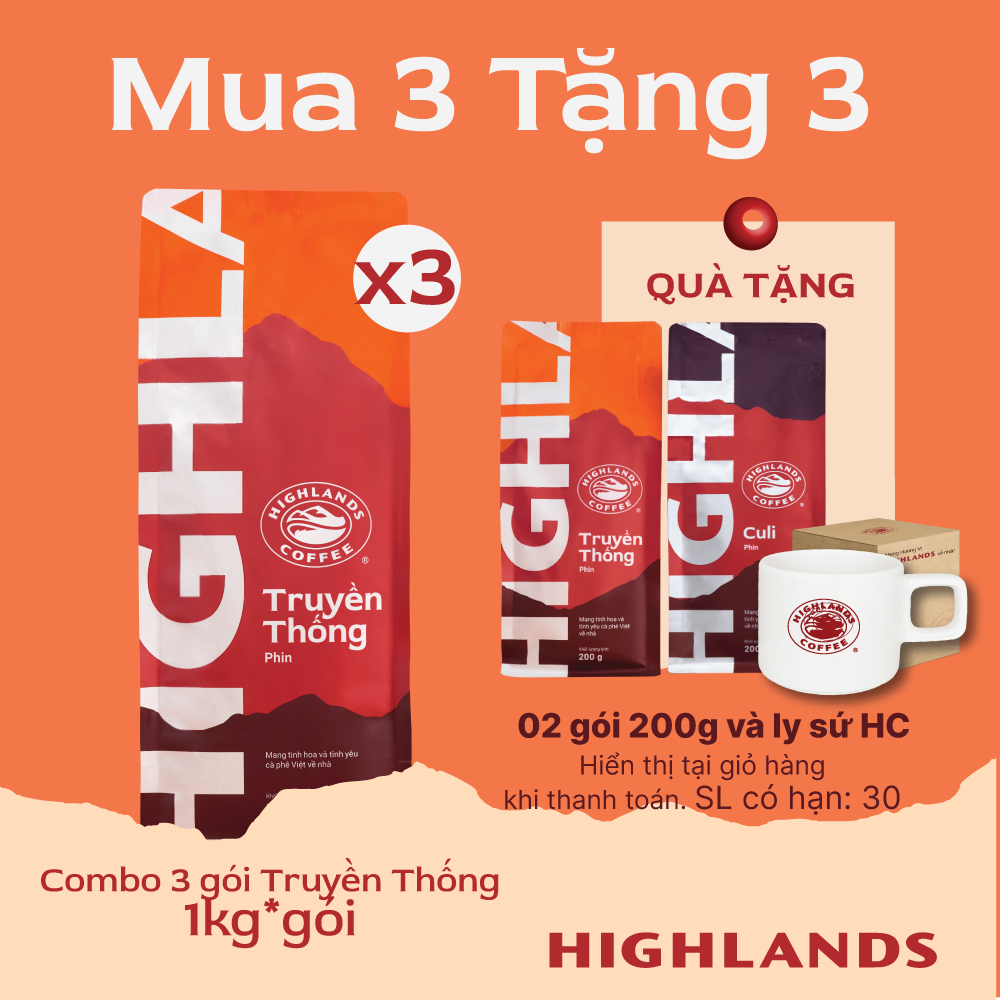 [SALE DIỆU KỲ 20H 09-12.10 Mua 3 tặng 2 (02 gói 200g) Chỉ 30 combo] Combo 3 Túi Cà Phê Bột Truyền Thống Highlands Coffee. Quà tặng nếu có sẽ hiển thị tại giỏ hàng.
