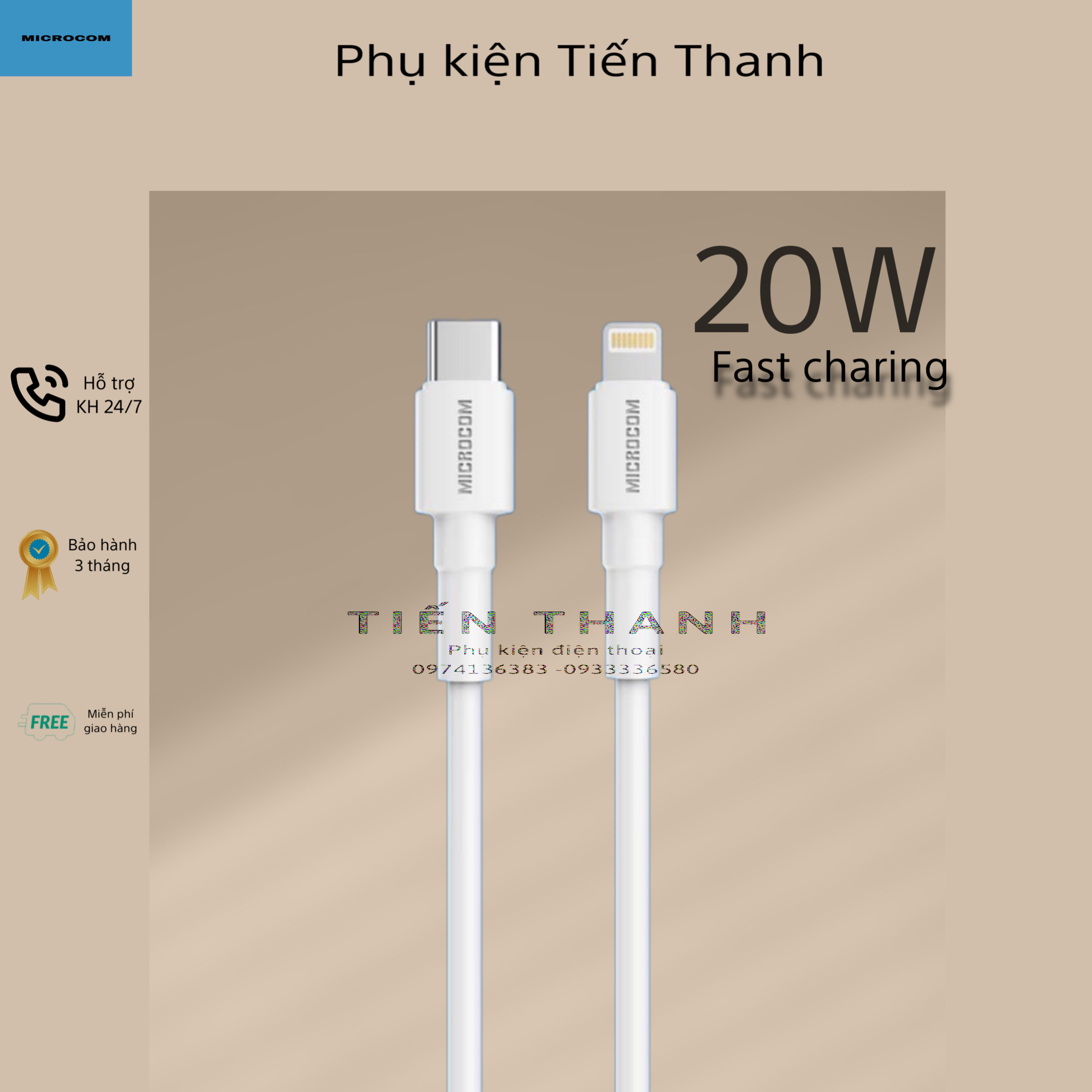 Dây cáp sạc nhanh 20w chính hãng Microcom, chiều dài 1m - 2m
