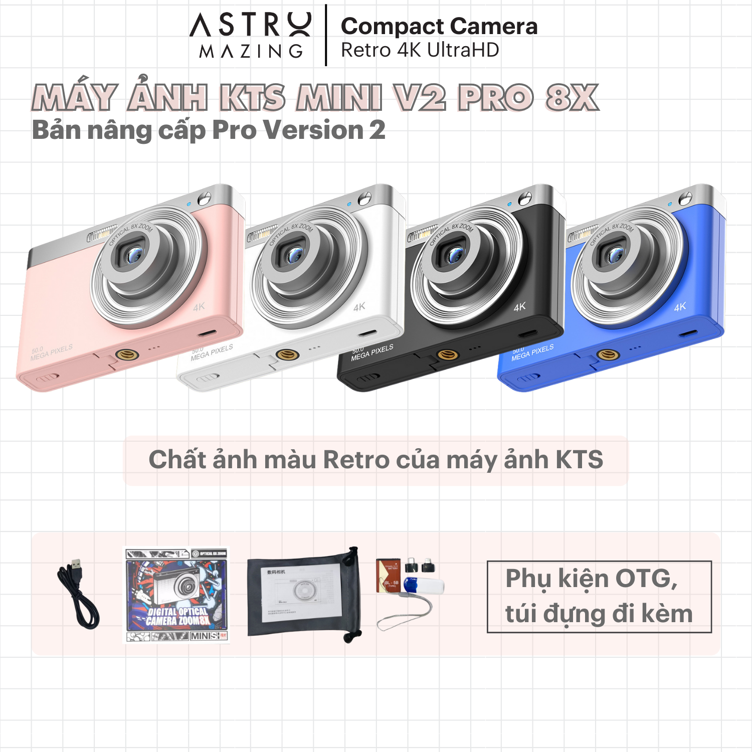 [Retro V2 Pro] Máy ảnh kĩ thuật số Digital Mini Camera V2 Pro by AstroMazing - Quay, chụp 50MP, siêu mỏng nhỏ gọn