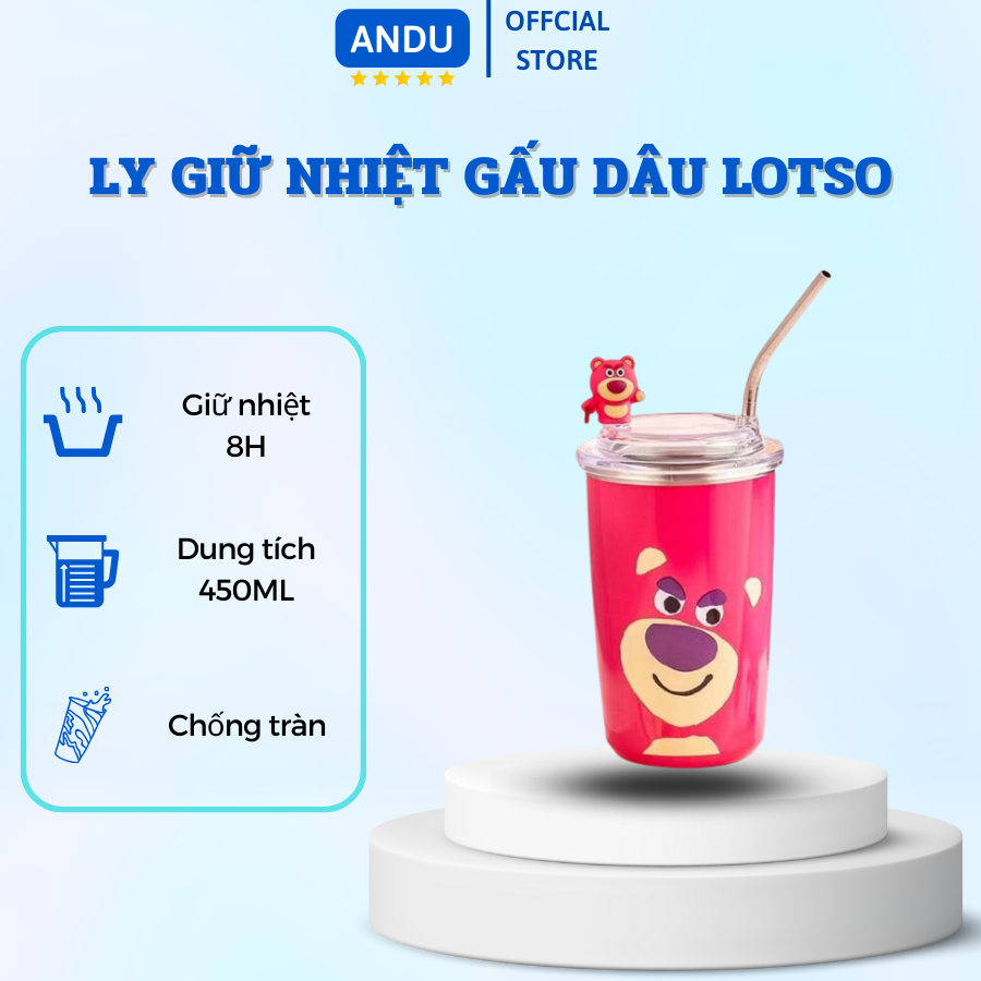 Ly Giữ Nhiệt Gấu Dâu Lotso Hồng 450ml Chất Liệu Inox 304 Cao Cấp Không Gỉ Kèm Ống Hút Tiện Lợi Và Cham Gấu