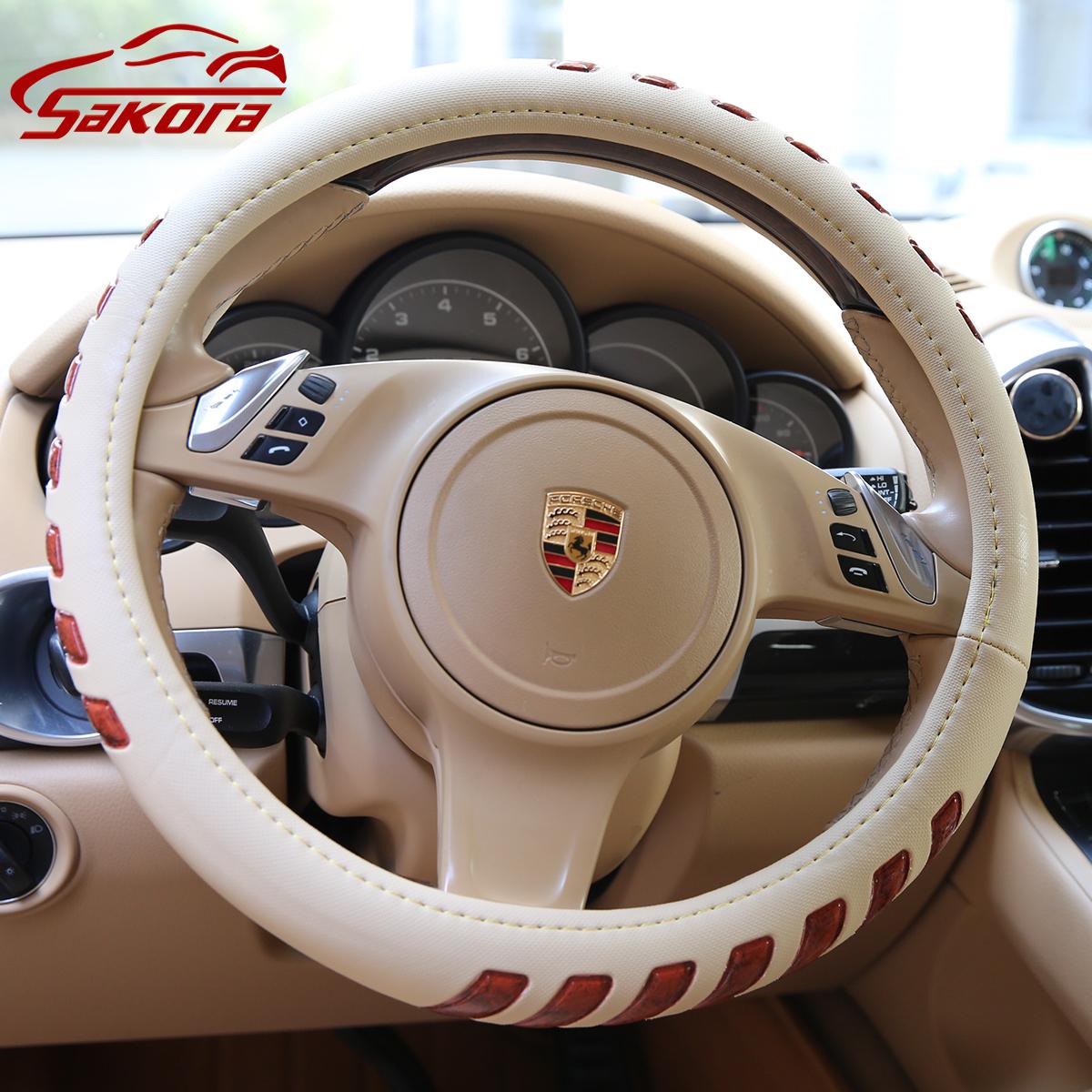 Bọc vô lăng ô tô, Bọc vô lăng da xe hơi vân nổi chất liệu da pu lớp Simili + vòng cao su （Khaki）38CM