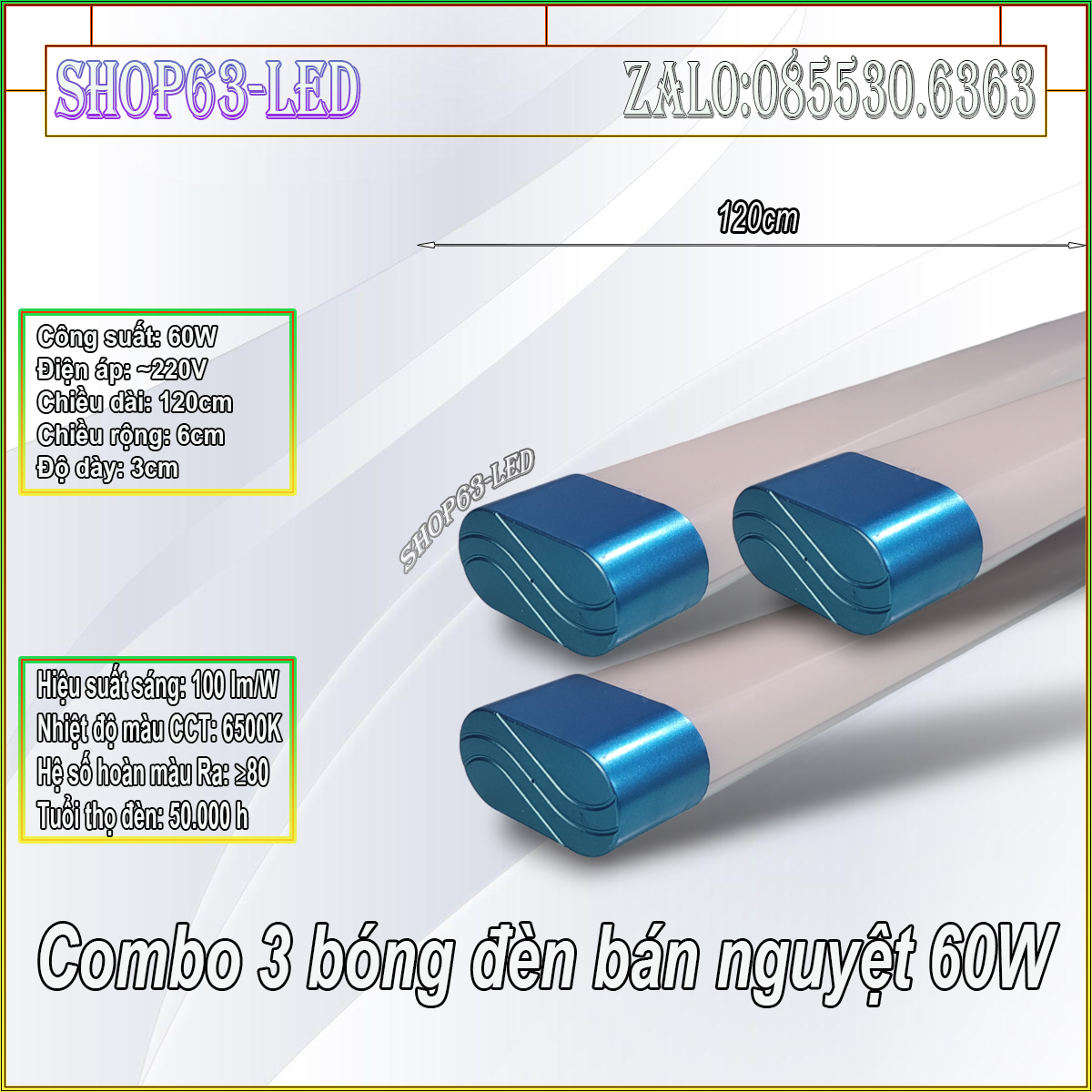 Combo 3 bộ đèn LED bán nguyệt 60W thân nhôm sơn tĩnh điện thế hệ mới - ánh sáng trắng siêu sáng (bóng tuýp nhôm mica 120cm - chống chói tỏa sáng rộng)