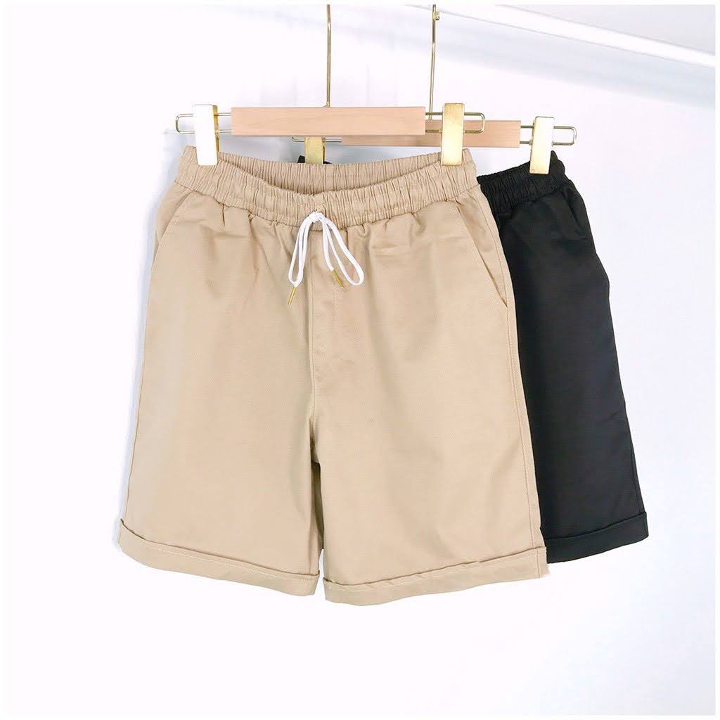 Quần Short Kaki Pants Basic Unisex Nam Nữ - Quần đùi lên lai Thun Kaki co dãn màu đen và be trơn ống rộng