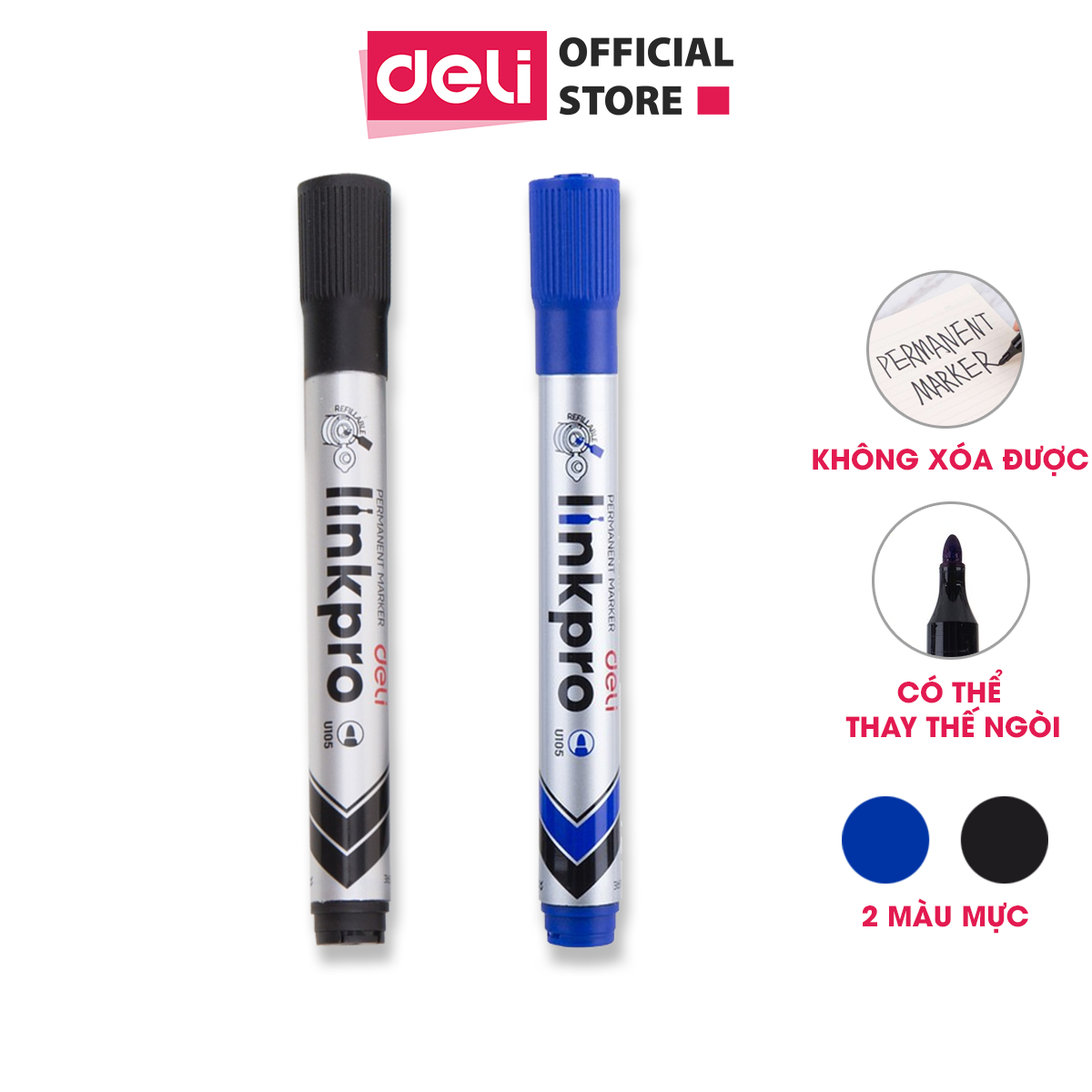 Bút dạ dầu 1 đầu Deli - không xóa được - Mực Đen / Xanh - 1 chiếc - EU10520 / EU10530