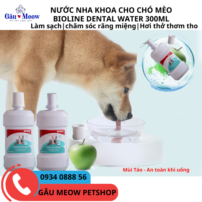 Nước nha khoa sạch răng miệng cho thú cưng cún mèo Bioline Dental Water 300ml - Mùi Táo uống được