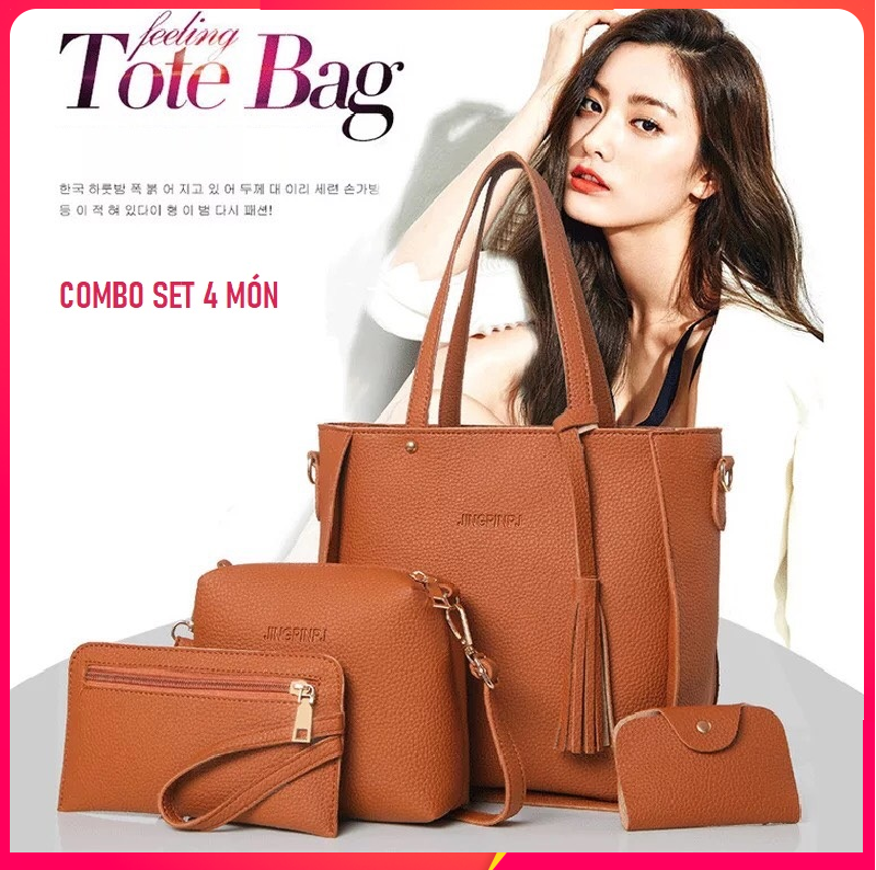 COMBO Set 4 Món Túi Xách Túi Đeo Chéo Cặp Xách Ví Da Thời Trang Công Sở Cá Tính CB43 Chất Liệu Da Cao Cấp Hàn Quốc 2021