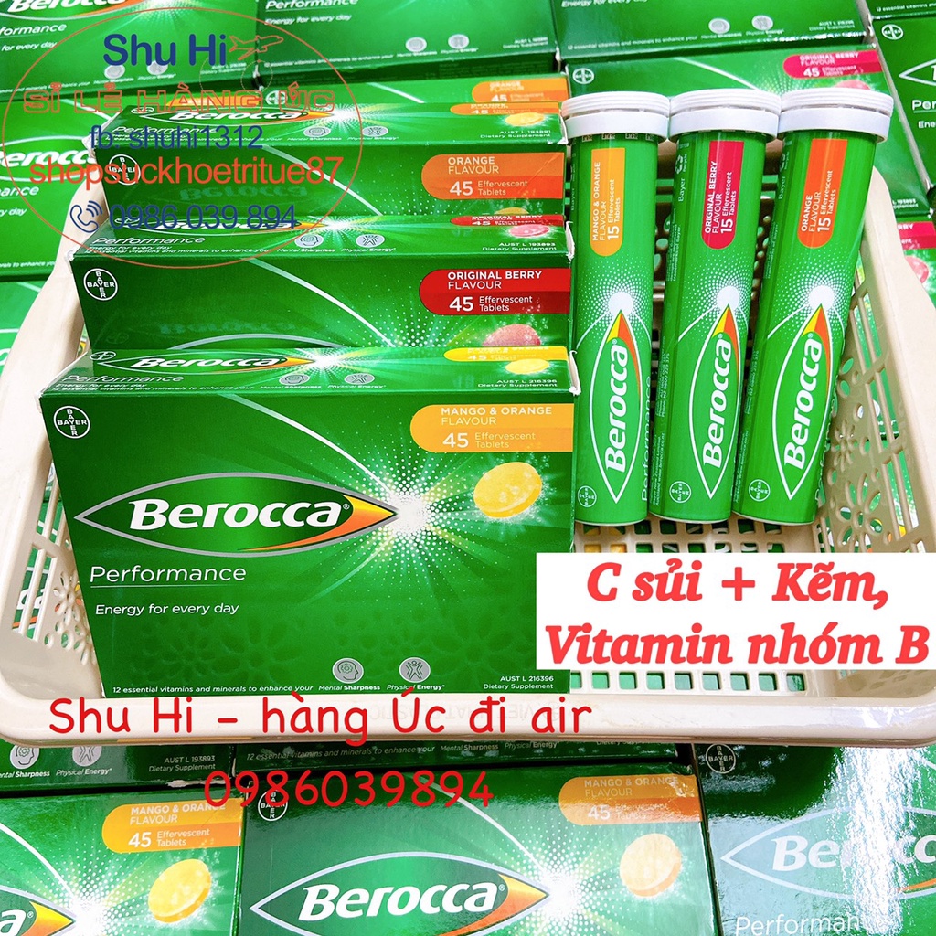 Viên sủi berocca úc 15 viên, bổ sung vitamin c, kẽm, nhóm b, vị cam, xoài, dâu, berocca performance mango, orange, berry