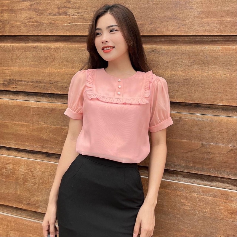 Áo Sơ Mi Nữ viền bèo đính ngọc tay ngắn cổ tròn Gloria Shop - Ảnh Thật Sơ mi kiểu