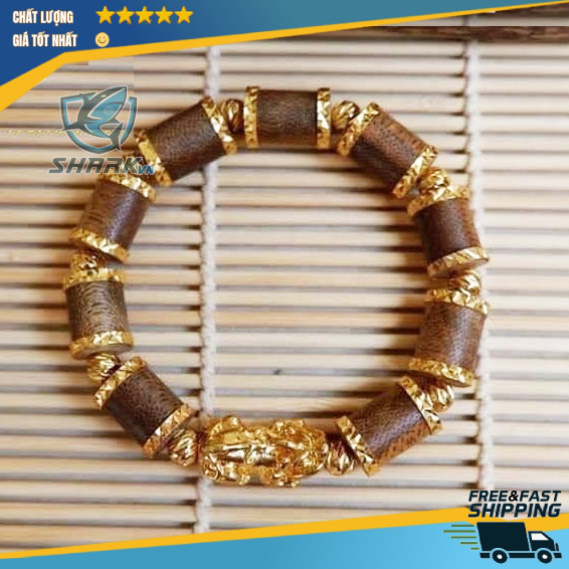 Vòng tay trầm hương tự nhiên mix tỳ hưu xi vàng 24k
