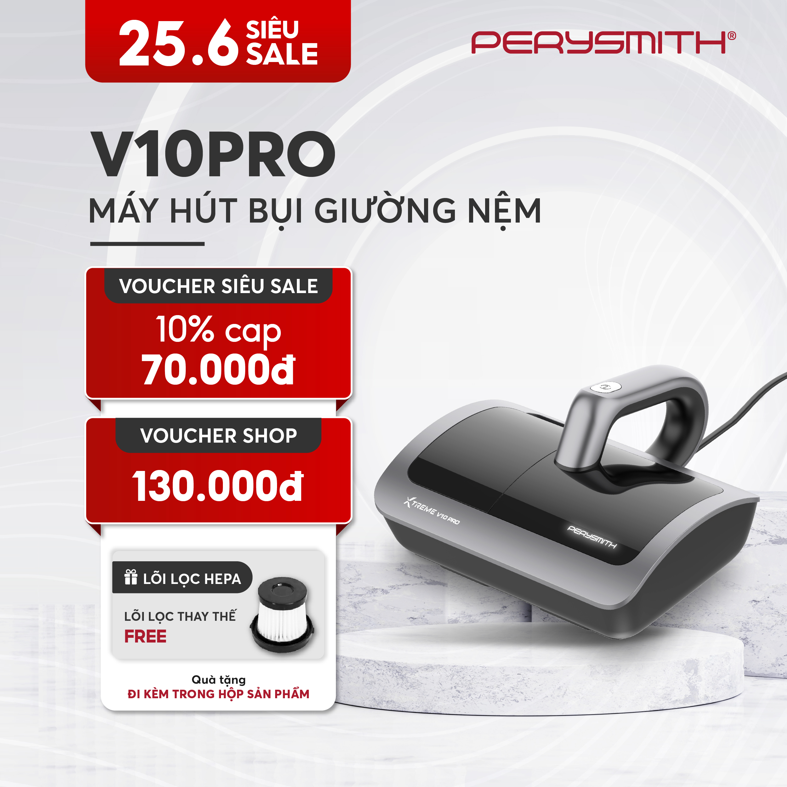 PerySmith V10PRO Máy Hút Bụi Giường Nệm Cầm Tay Hút Bụi Mịn Có Dây Gọn Nhẹ Dễ Sử Dụng Đèn Tia UV Diệt Khuẩn Lực Hút 19000PA