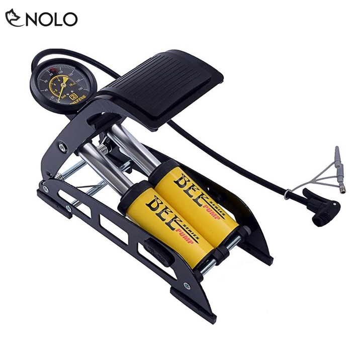 Ống bơm đạp chân 2 ống xi lanh bee model j44b có đồng hồ đo áp suất lốp xe 160 psi chất liệu hợp kim phủ sơn tĩnh điện