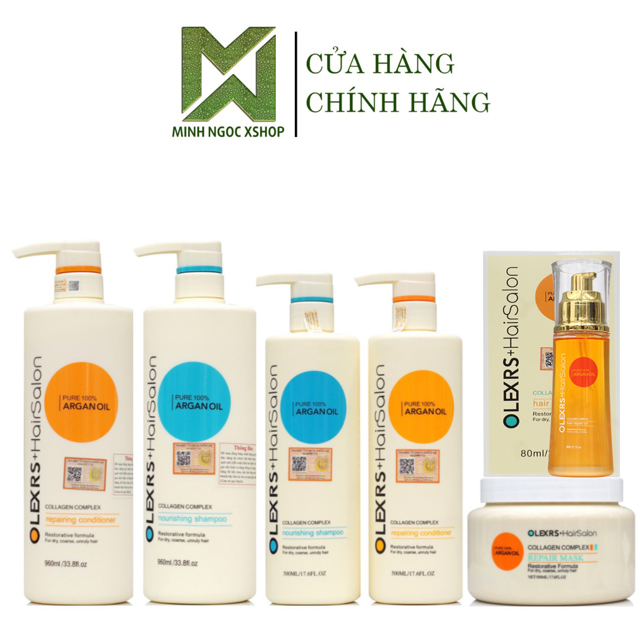 Dầu gội xả, kem ủ tóc, dầu dưỡng phục hồi chống rụng Olexrs Hair Salon Collagen 80 - 960ml
